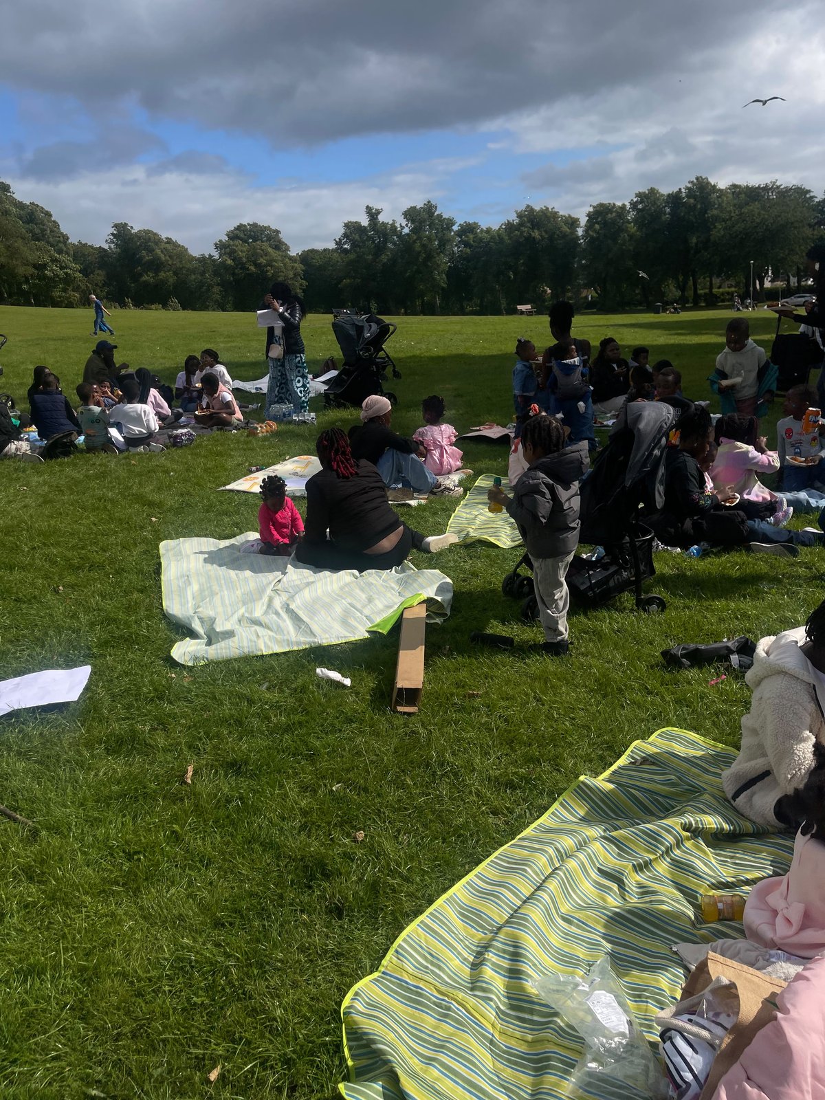 Families enjoying a picnic at Barshaw Park summer party